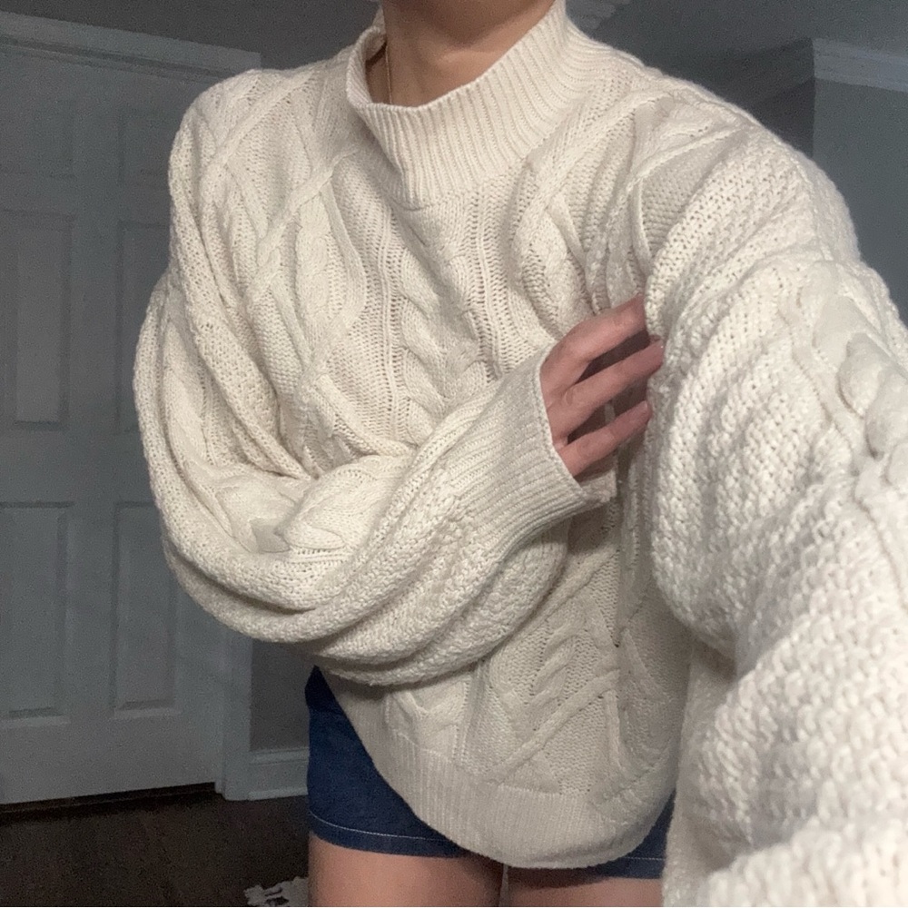 SHEIN tan beige cable knit mock neck puff sleeve oversized sweater